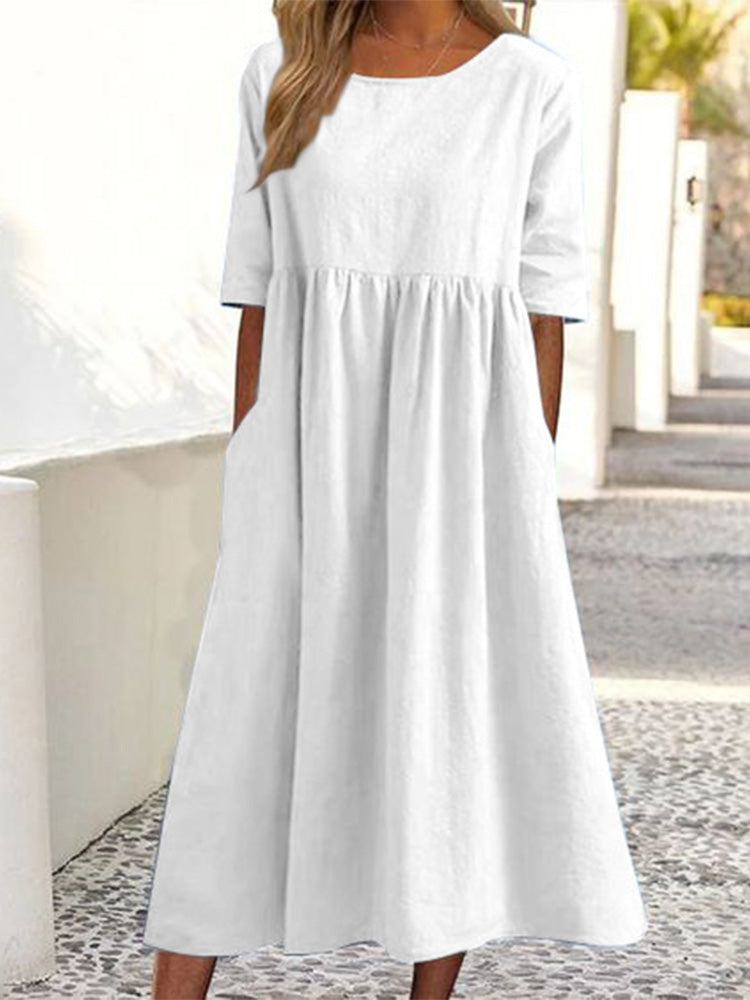Casual Cotton Midi Dress with Short Sleeves – Relaxed Fit