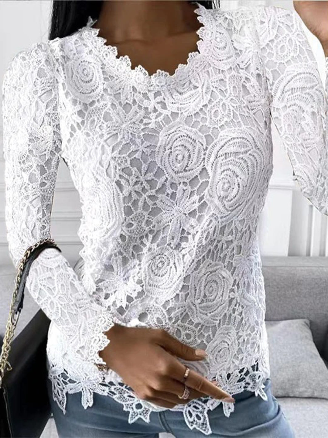 Women's Lace Blouse – Floral Scallop Design, Elegant Slim Fit Evening Wear