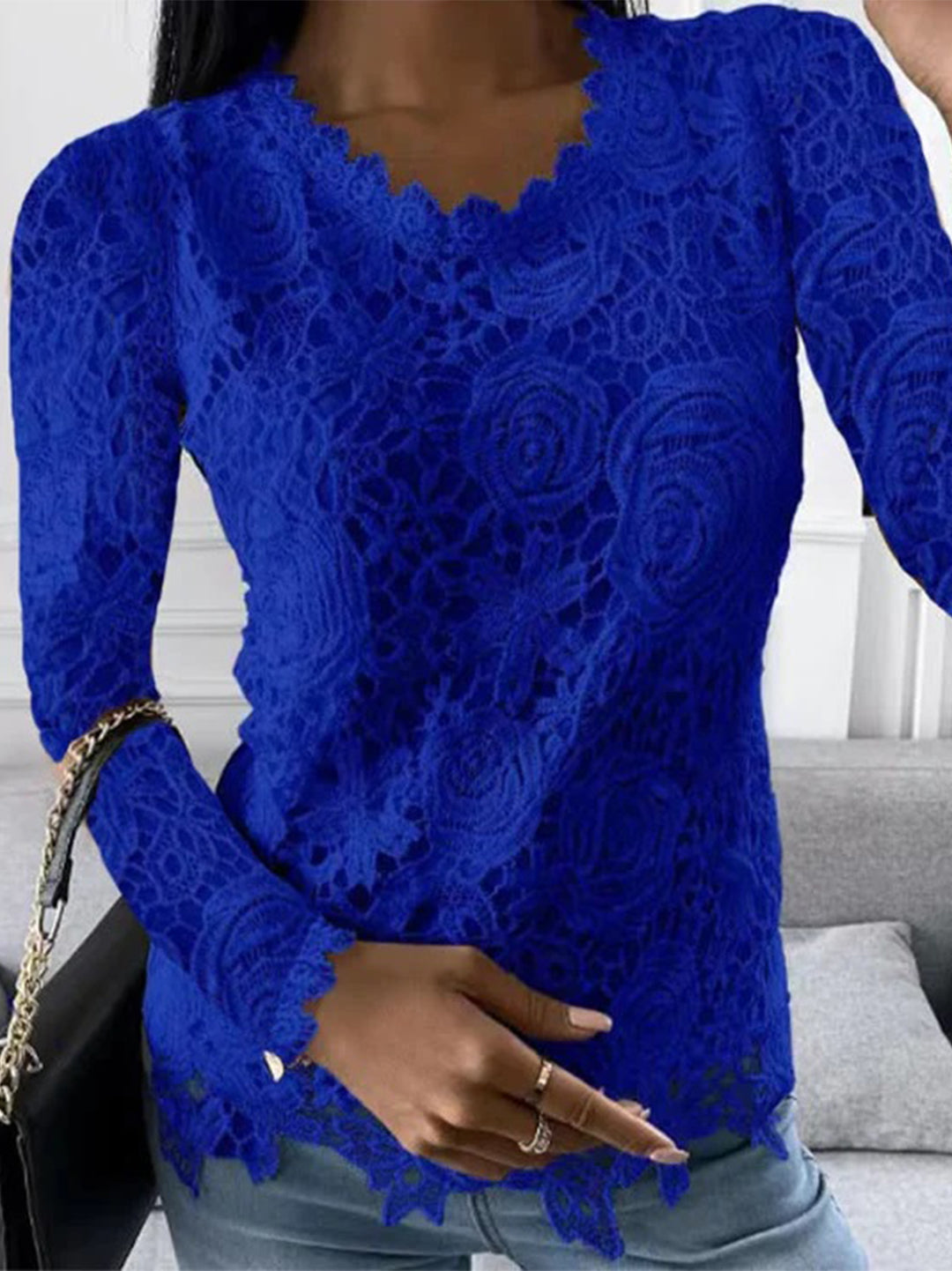 Women's Lace Blouse – Floral Scallop Design, Elegant Slim Fit Evening Wear