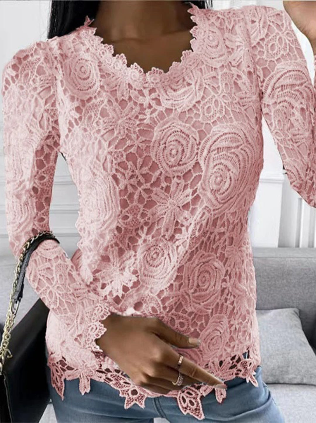 Women's Lace Blouse – Floral Scallop Design, Elegant Slim Fit Evening Wear