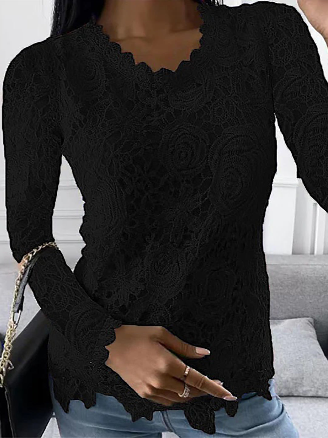 Women's Lace Blouse – Floral Scallop Design, Elegant Slim Fit Evening Wear