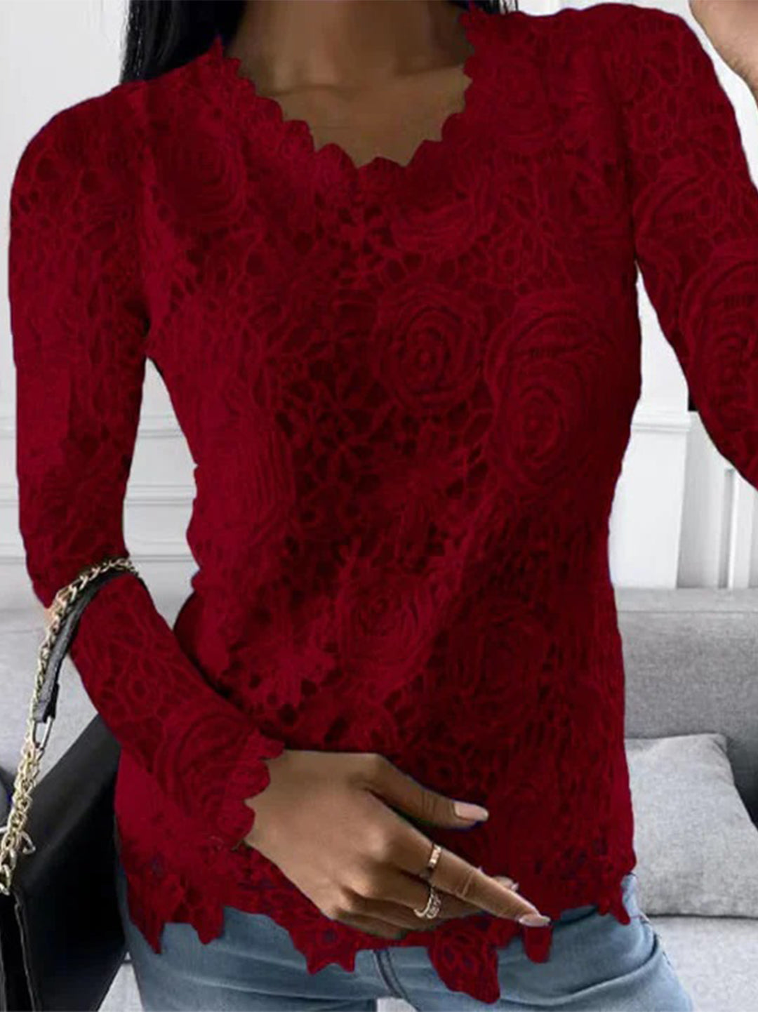 Women's Lace Blouse – Floral Scallop Design, Elegant Slim Fit Evening Wear