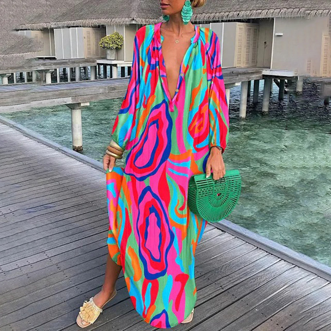 Women's Abstract Print V-Neck Maxi Kaftan Dress
