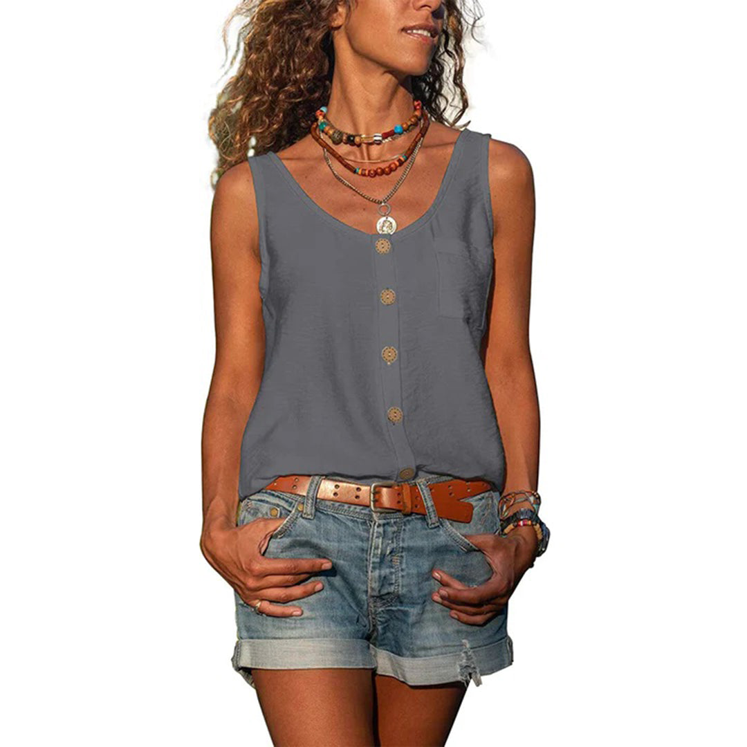 Women's Vest Top – Button Front, Relaxed Fit Casual Summer Blouse