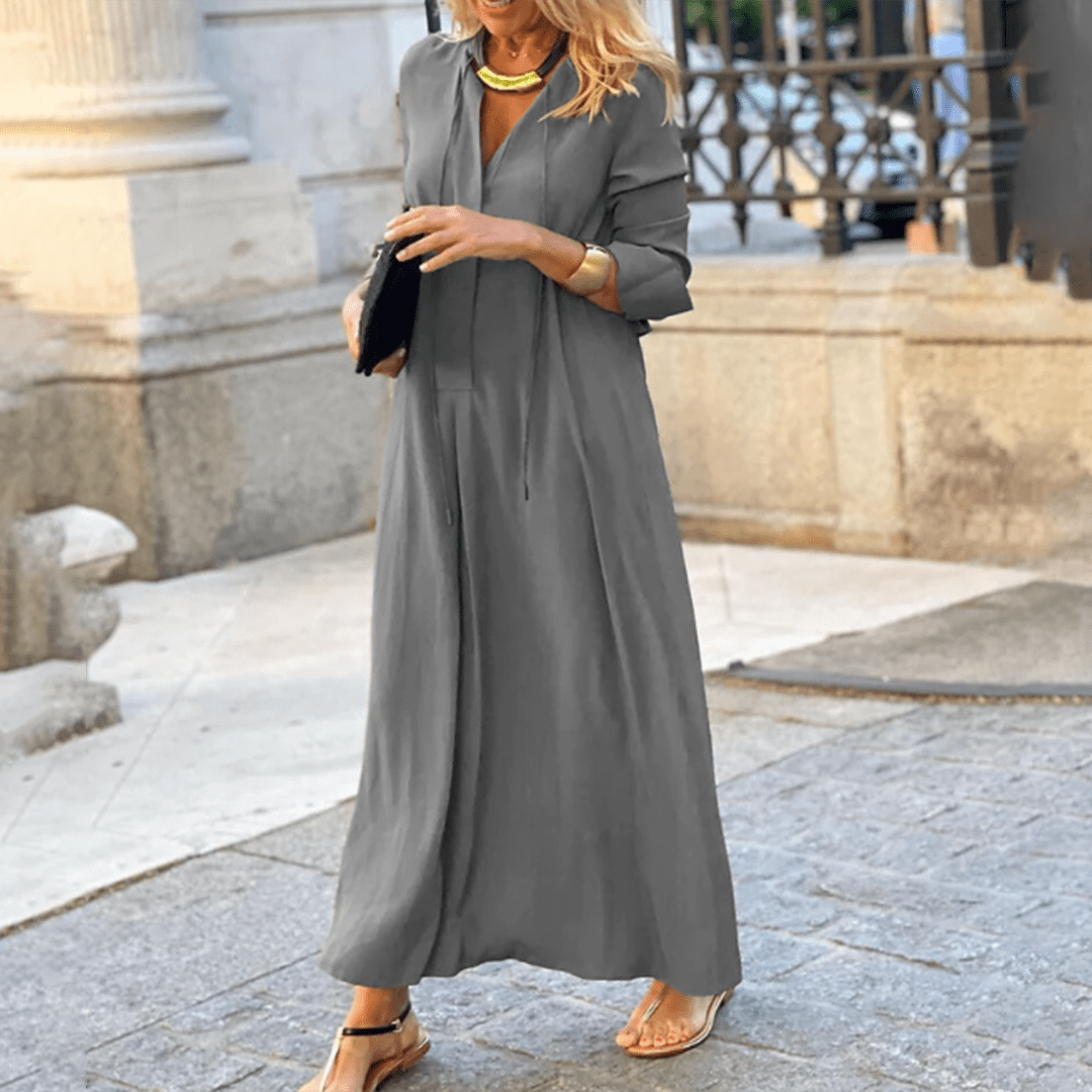 Long-Sleeve Cotton Maxi Dress - Modest A-Line Fit