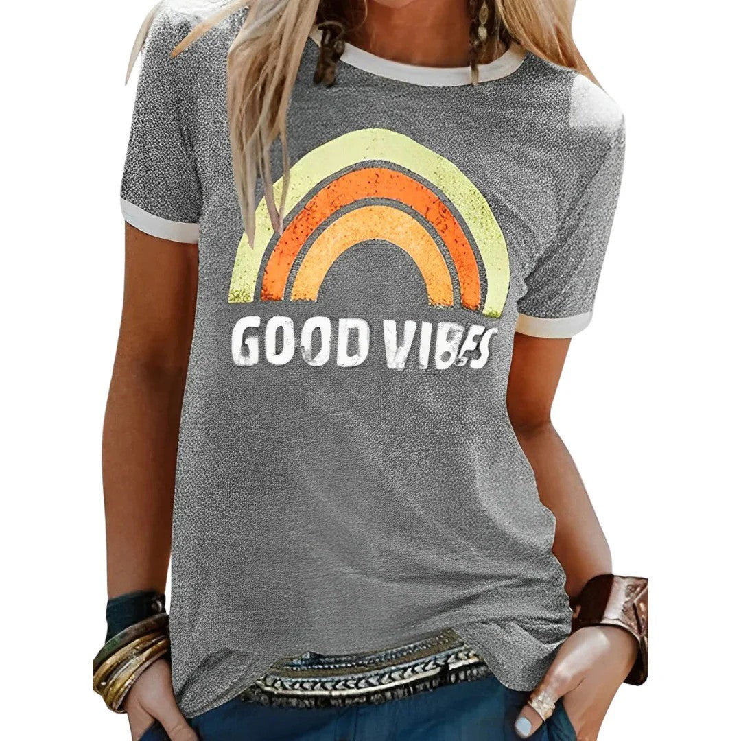 Womens T-Shirt – Retro Rainbow Graphic, Relaxed Fit Summer Top