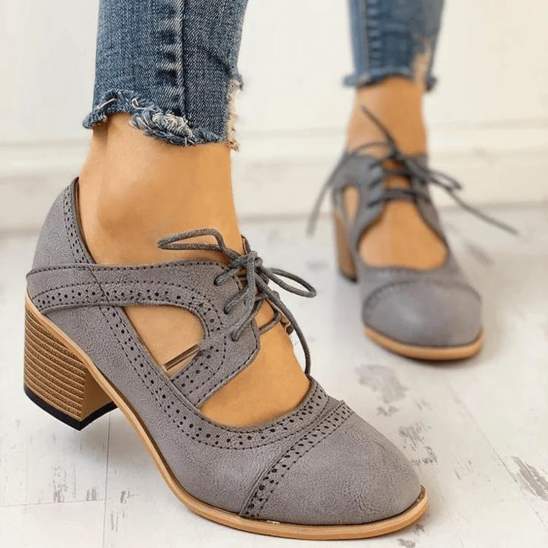 Women's Block Heel Brogue Shoes – Cut-Out Design, Comfy Fit for Workwear