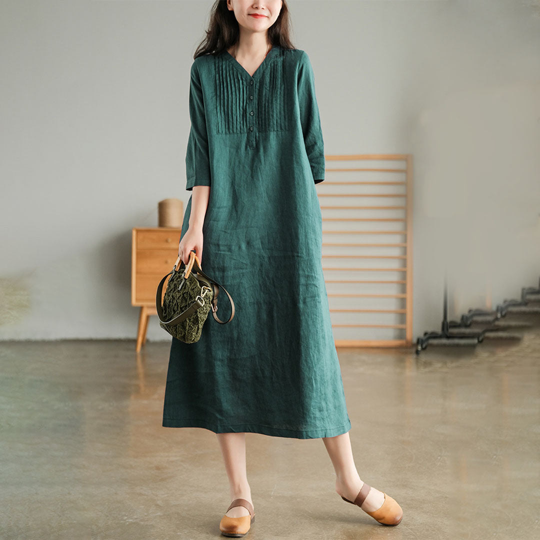 Cotton Blend Pintuck Midi Dress – Relaxed Fit with V-Neck and 3/4 Sleeves