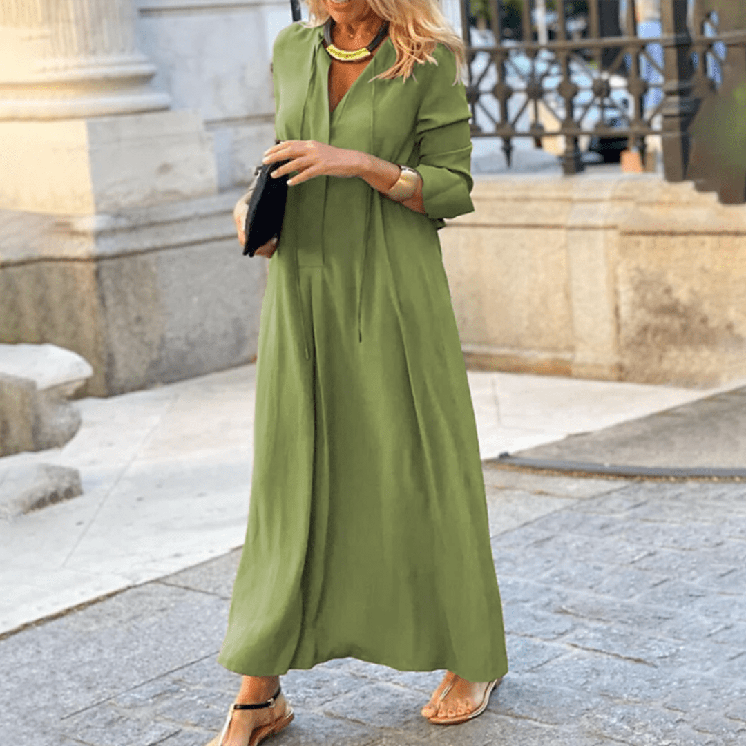 Long-Sleeve Cotton Maxi Dress - Modest A-Line Fit
