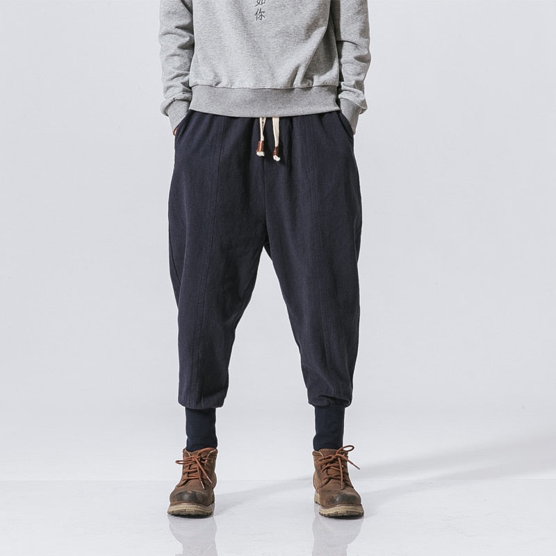 Men's Linen Trousers – Drawstring Waist, Loose Fit Cropped Streetwear