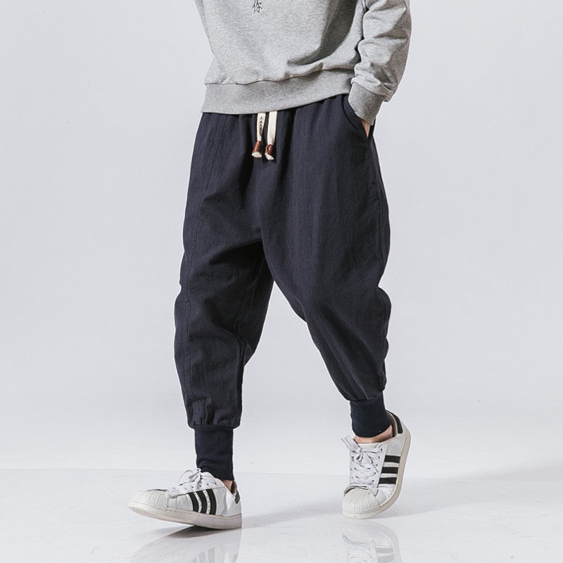 Men's Linen Trousers – Drawstring Waist, Loose Fit Cropped Streetwear