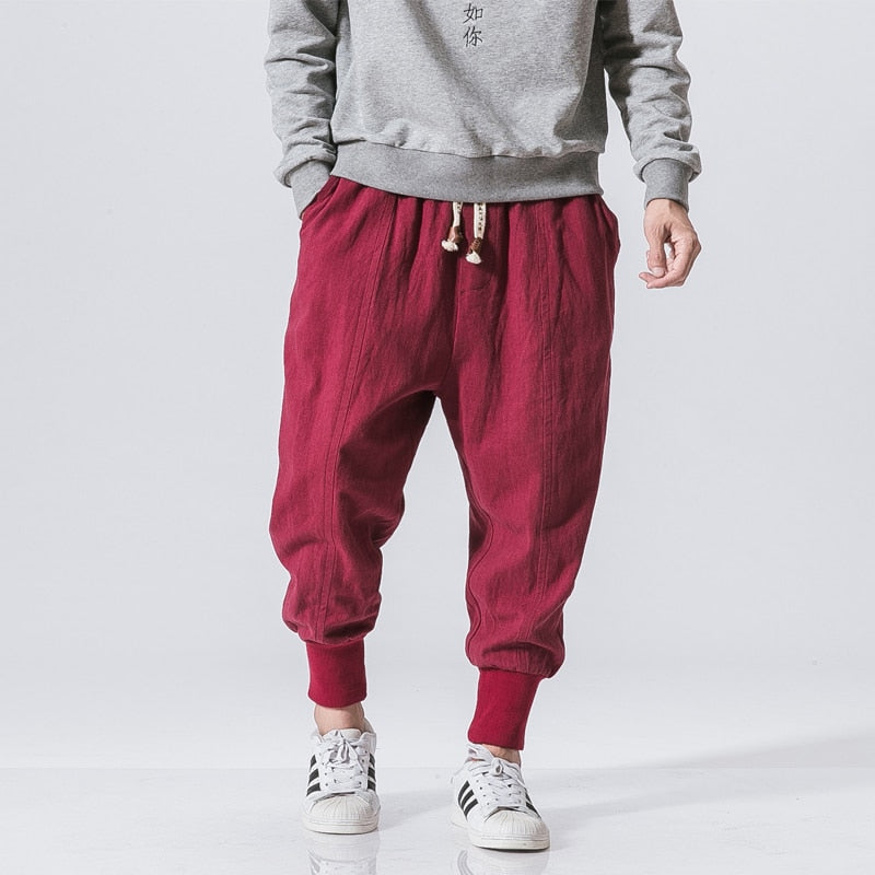 Men's Linen Trousers – Drawstring Waist, Loose Fit Cropped Streetwear