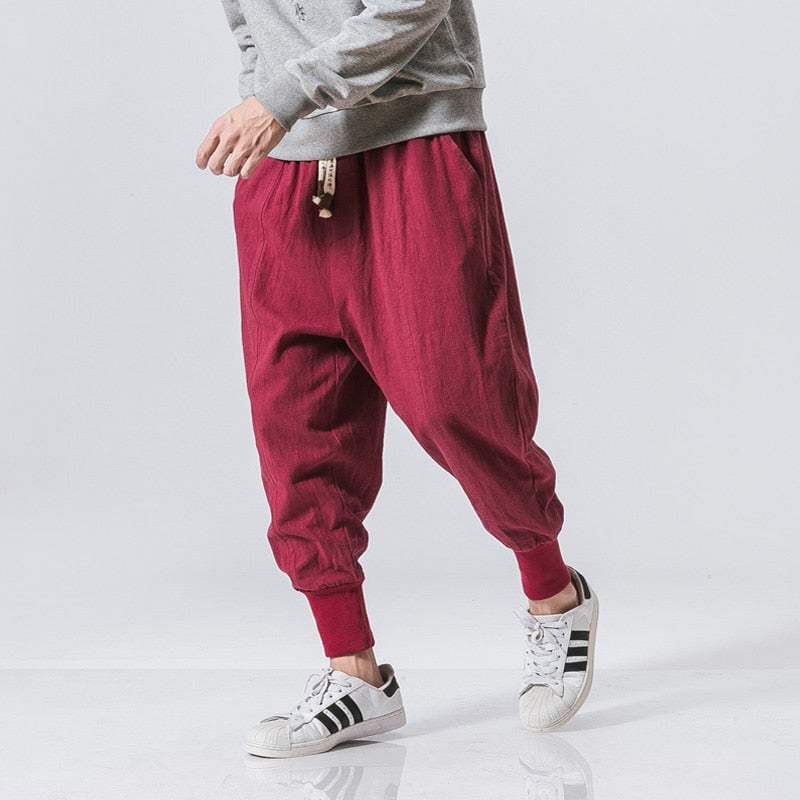 Men's Linen Trousers – Drawstring Waist, Loose Fit Cropped Streetwear