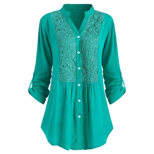Women's Blouse – Lace Insert, Relaxed Fit Smart Casual Top