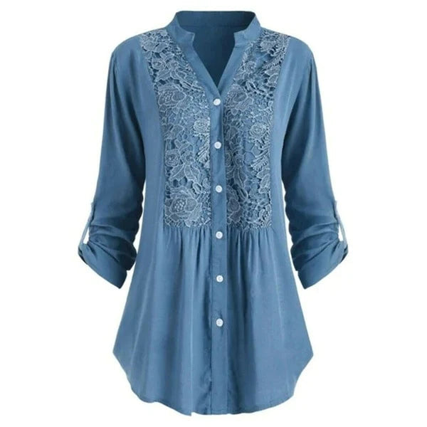 Women's Blouse – Lace Insert, Relaxed Fit Smart Casual Top