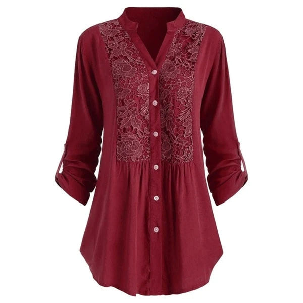 Women's Blouse – Lace Insert, Relaxed Fit Smart Casual Top