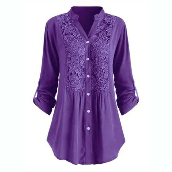 Women's Blouse – Lace Insert, Relaxed Fit Smart Casual Top
