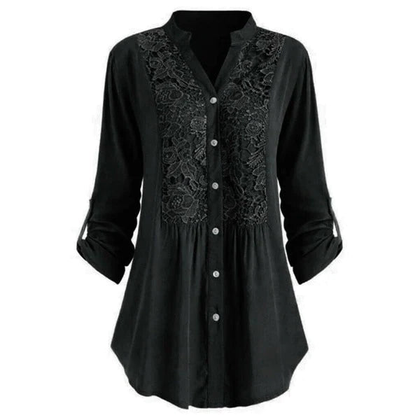 Women's Blouse – Lace Insert, Relaxed Fit Smart Casual Top