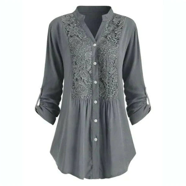 Women's Blouse – Lace Insert, Relaxed Fit Smart Casual Top