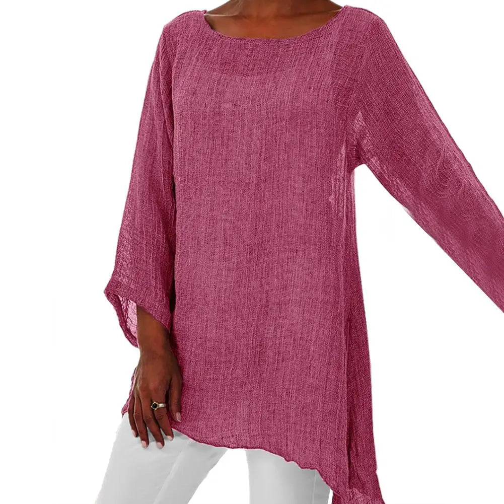 Relaxed Fit Long Sleeve Linen Blend Blouse – Lightweight Casual Top