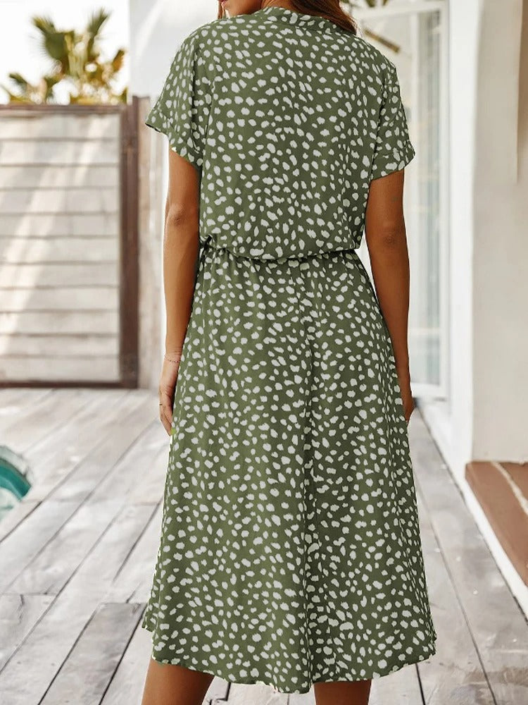 Women's Midi Shirt Dress – Spotty Print, Relaxed Fit Casual Day Dress