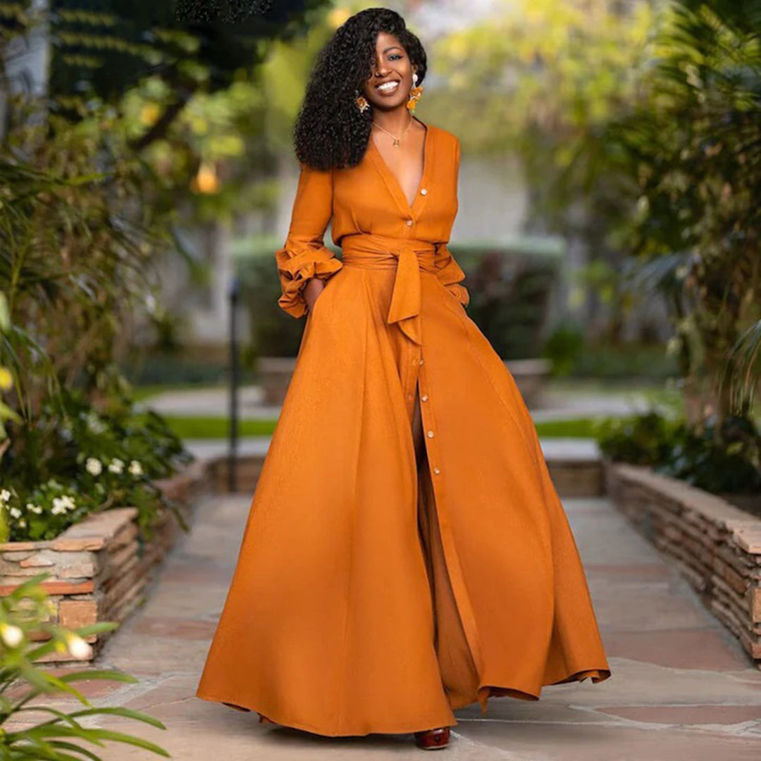 Women's Maxi Dress – Button-Down Tie Waist, Elegant Occasionwear