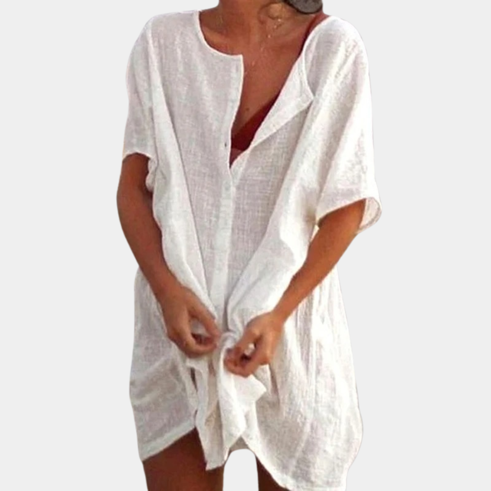 Women's Beach Cover-Up – Button-Up Linen Blend, Relaxed Fit Holiday Shirt