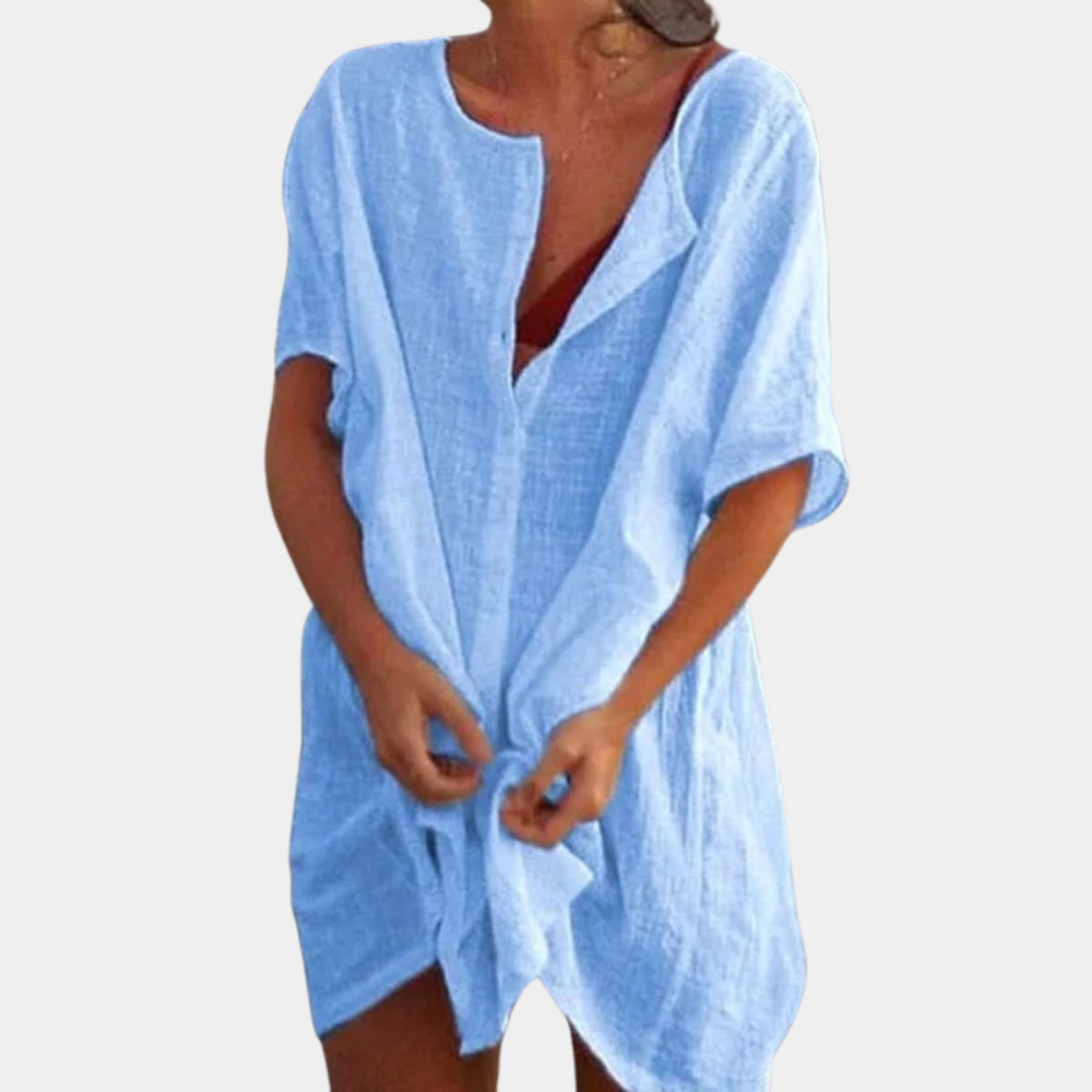 Women's Beach Cover-Up – Button-Up Linen Blend, Relaxed Fit Holiday Shirt