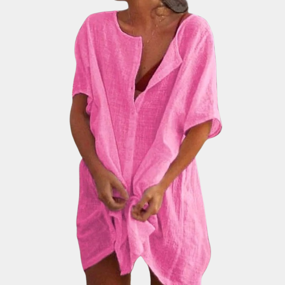 Women's Beach Cover-Up – Button-Up Linen Blend, Relaxed Fit Holiday Shirt
