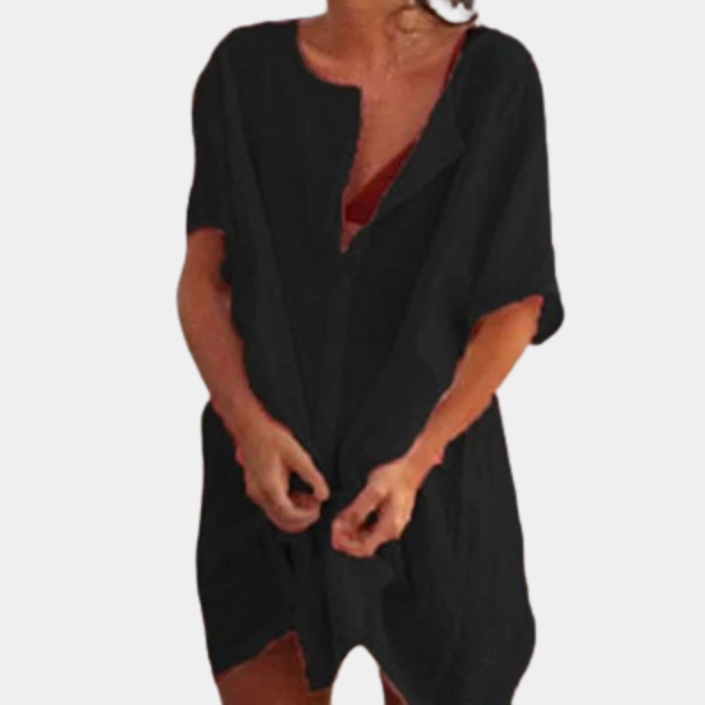 Women's Beach Cover-Up – Button-Up Linen Blend, Relaxed Fit Holiday Shirt