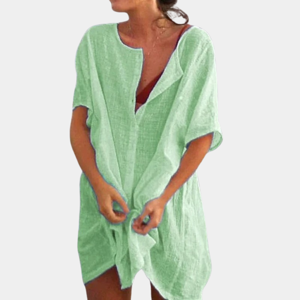 Women's Beach Cover-Up – Button-Up Linen Blend, Relaxed Fit Holiday Shirt