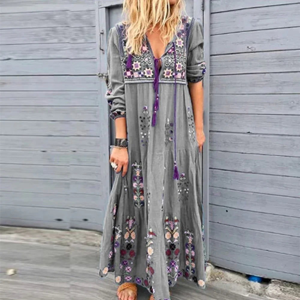 Boho Floral Embroidered Maxi Dress