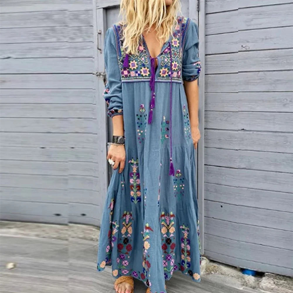 Boho Floral Embroidered Maxi Dress