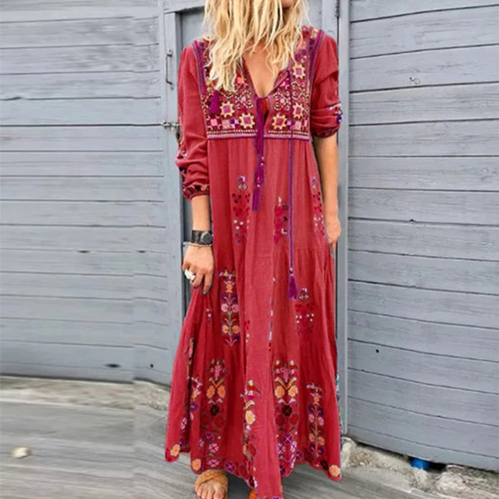 Boho Floral Embroidered Maxi Dress