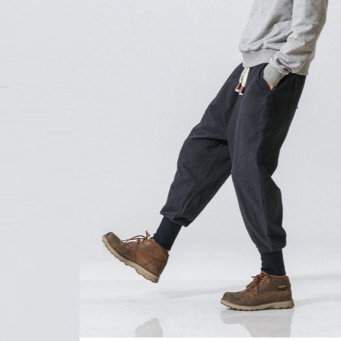 Men's Linen Trousers – Drawstring Waist, Loose Fit Cropped Streetwear