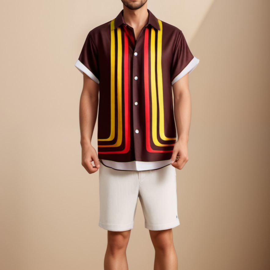 Men's Button Up Shirt – 70s Retro Stripe, Relaxed Fit Summer Holiday Shirt