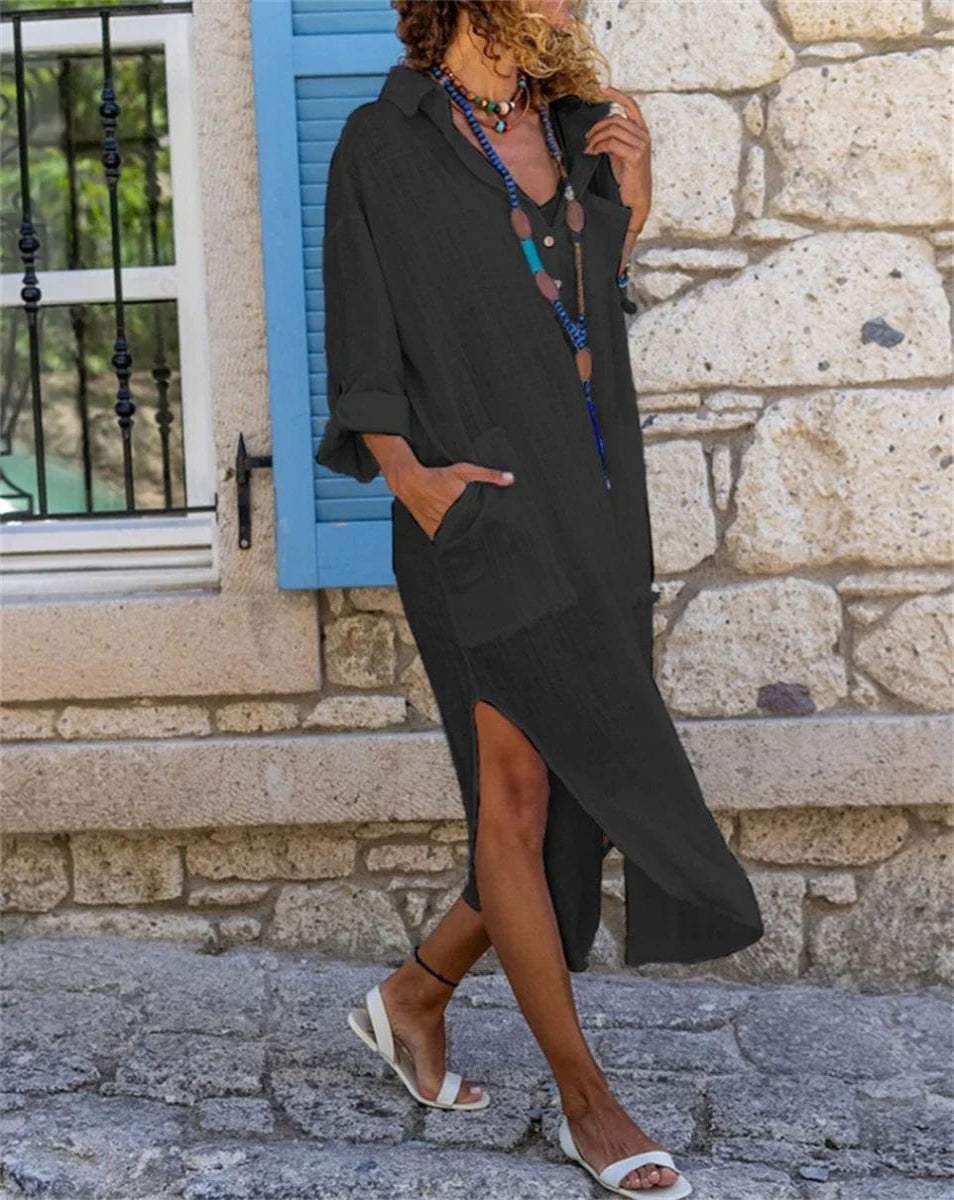Button-Front Collared Long Shirt Dress with Side Slit – Casual Resort Wear
