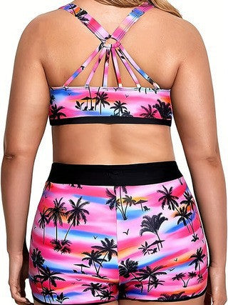 Plus Size 3-Piece Tankini Set – Tropical Print Shorts & Sports Bra Top