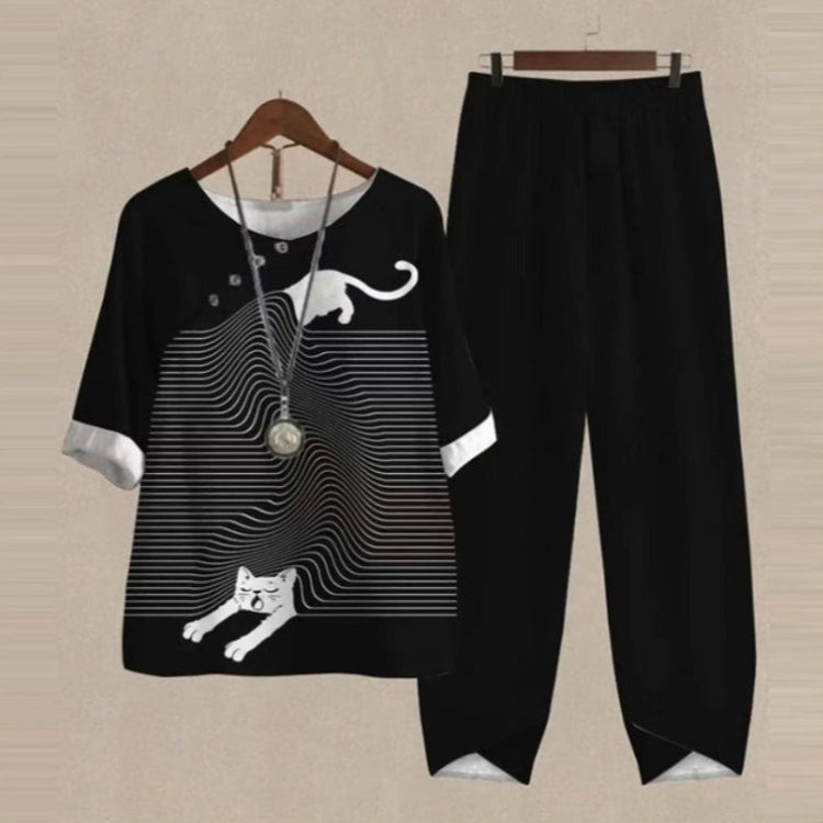 2-Piece Cotton Lounge Set – Printed Tops & Comfy Elastic Waist Pants