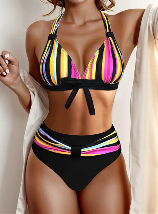 Striped Halter Bikini Set – Tie Front Top & High Waist Bottom