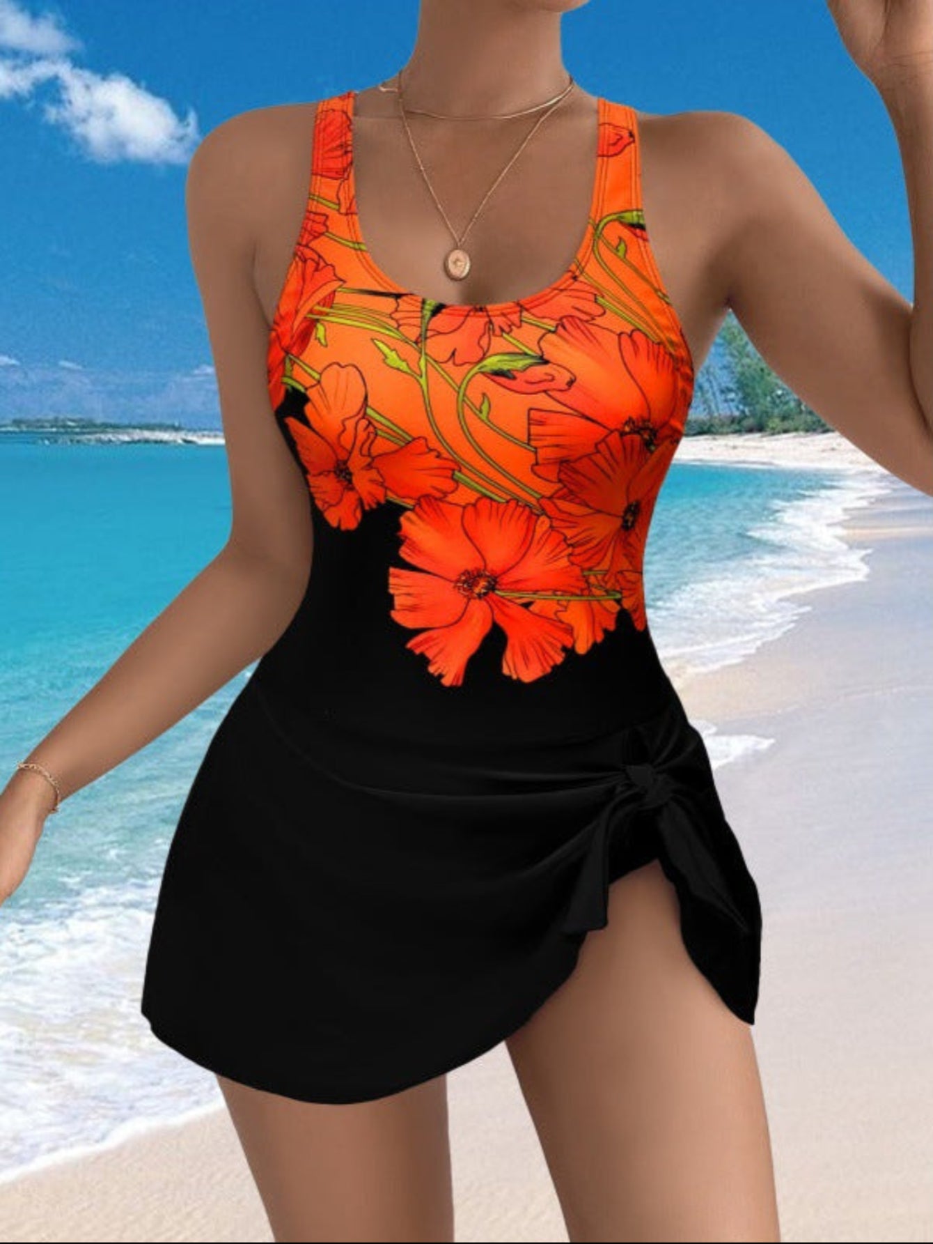 Floral Appliqué Swim Dress – Slit Skirt Detail in White, Orange & Blue