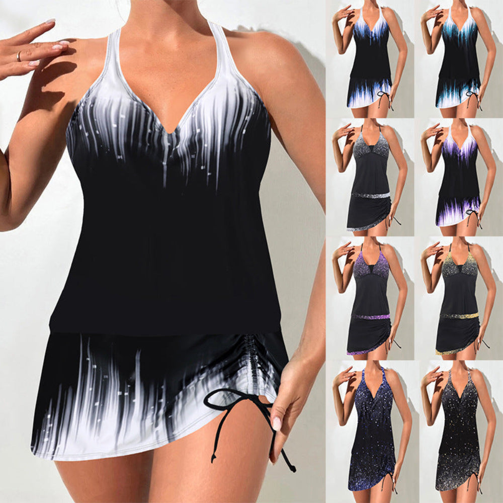 Printed Tankini Set with Shorts – Flowy Fit in Ombre & Sparkle Styles