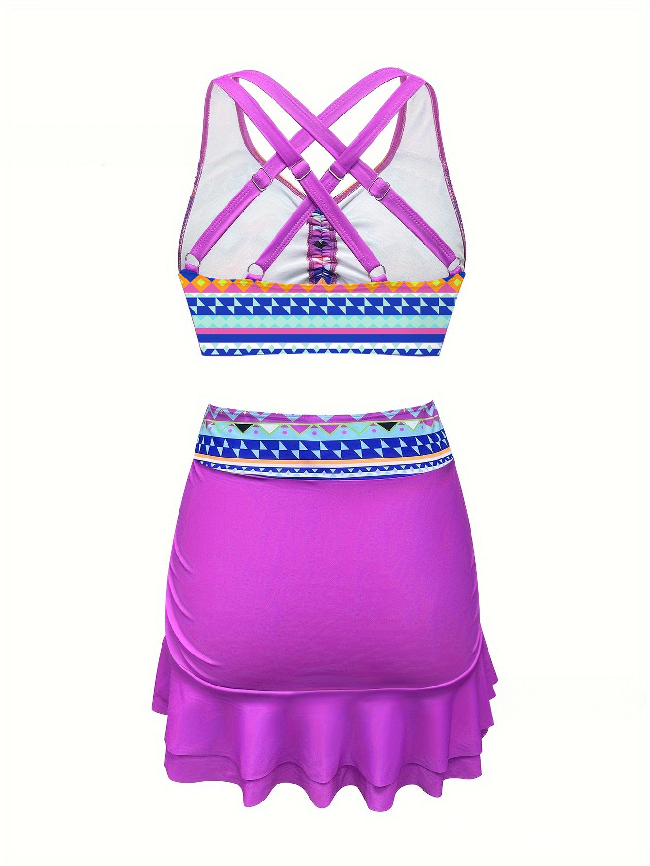 Aztec Print Ruffle Skirt Tankini – Pink Two-Piece Swim Set