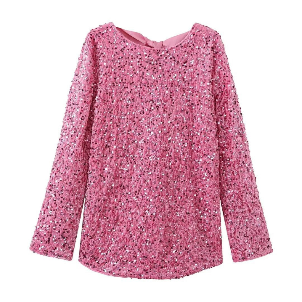 Sequin Long Sleeve Mini Dress – Sparkly Party Look With Bow Detail