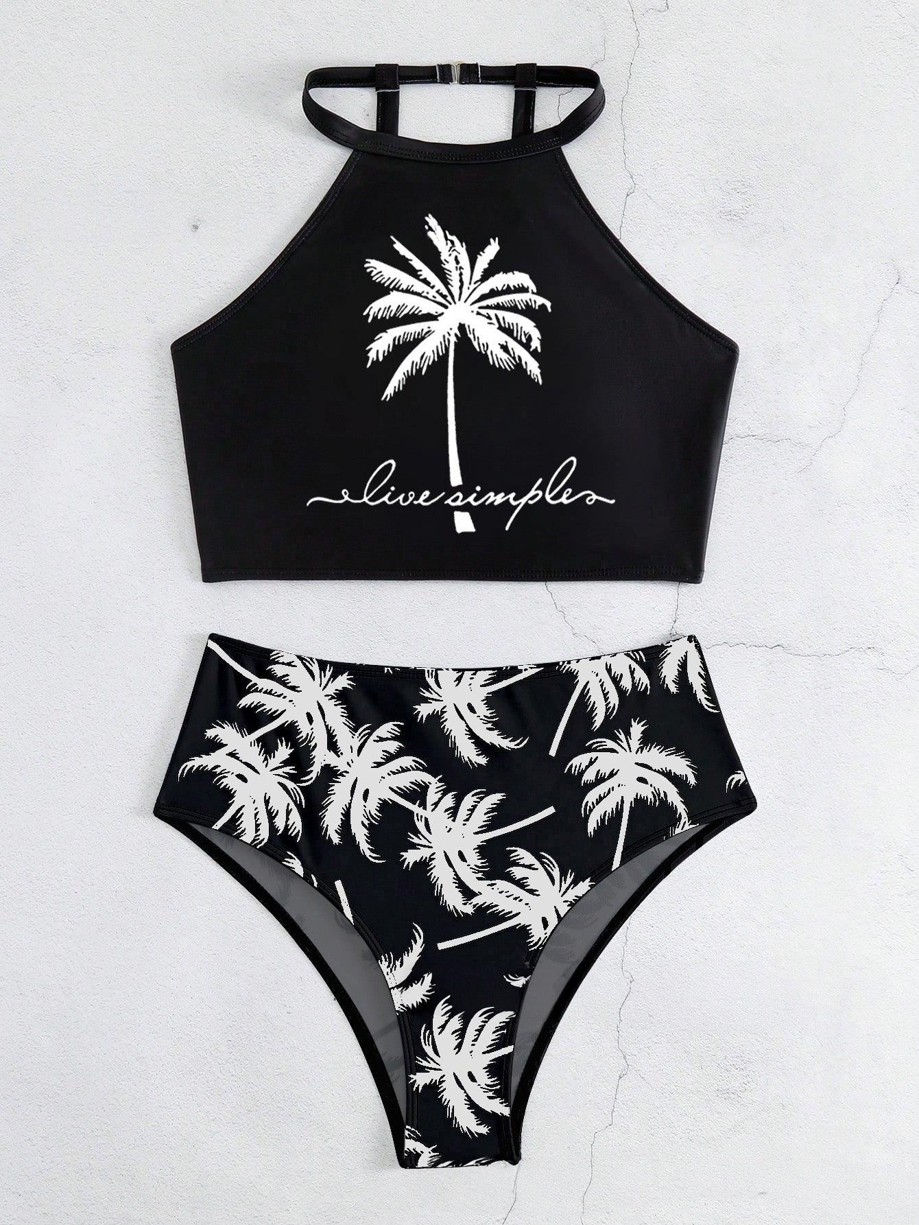 Palm Print High Neck Bikini – Black & White Tropical Two-Piece