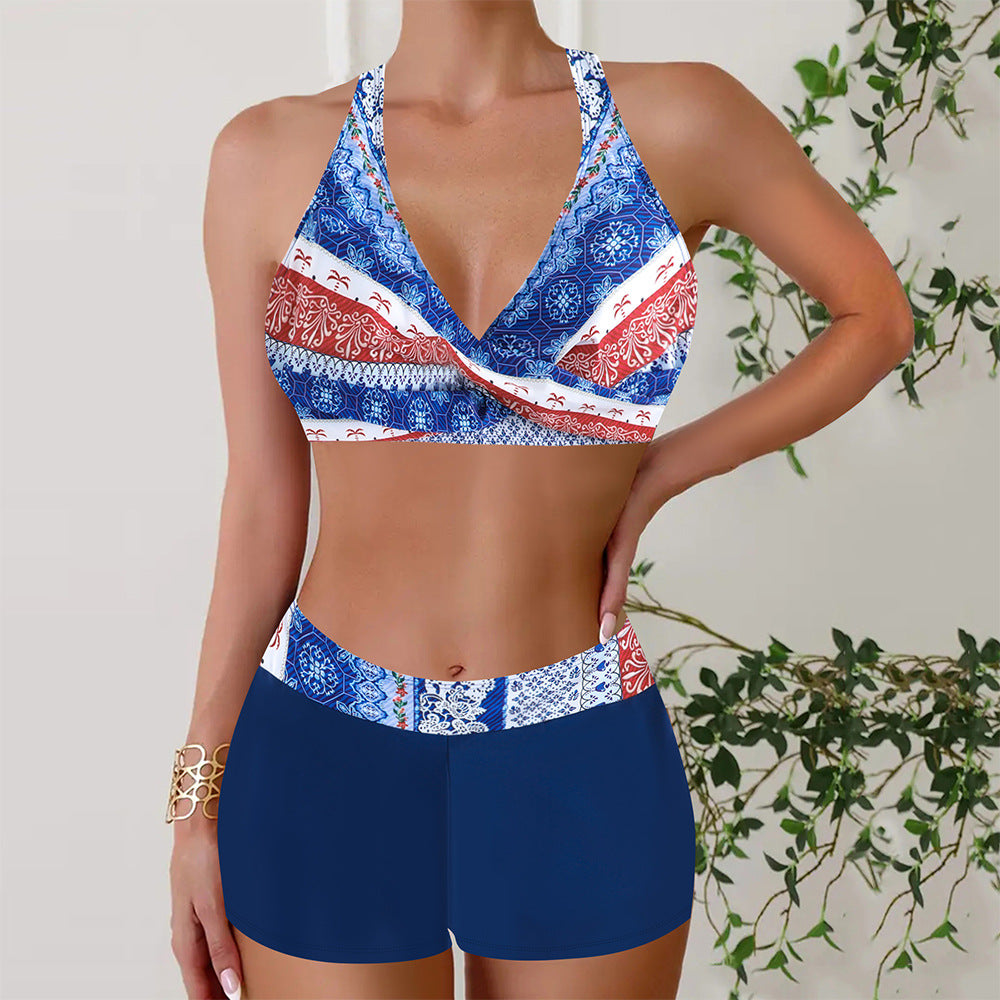 High-Waisted Bikini Shorts Set – Cross-Front Halter Top & Sporty Fit