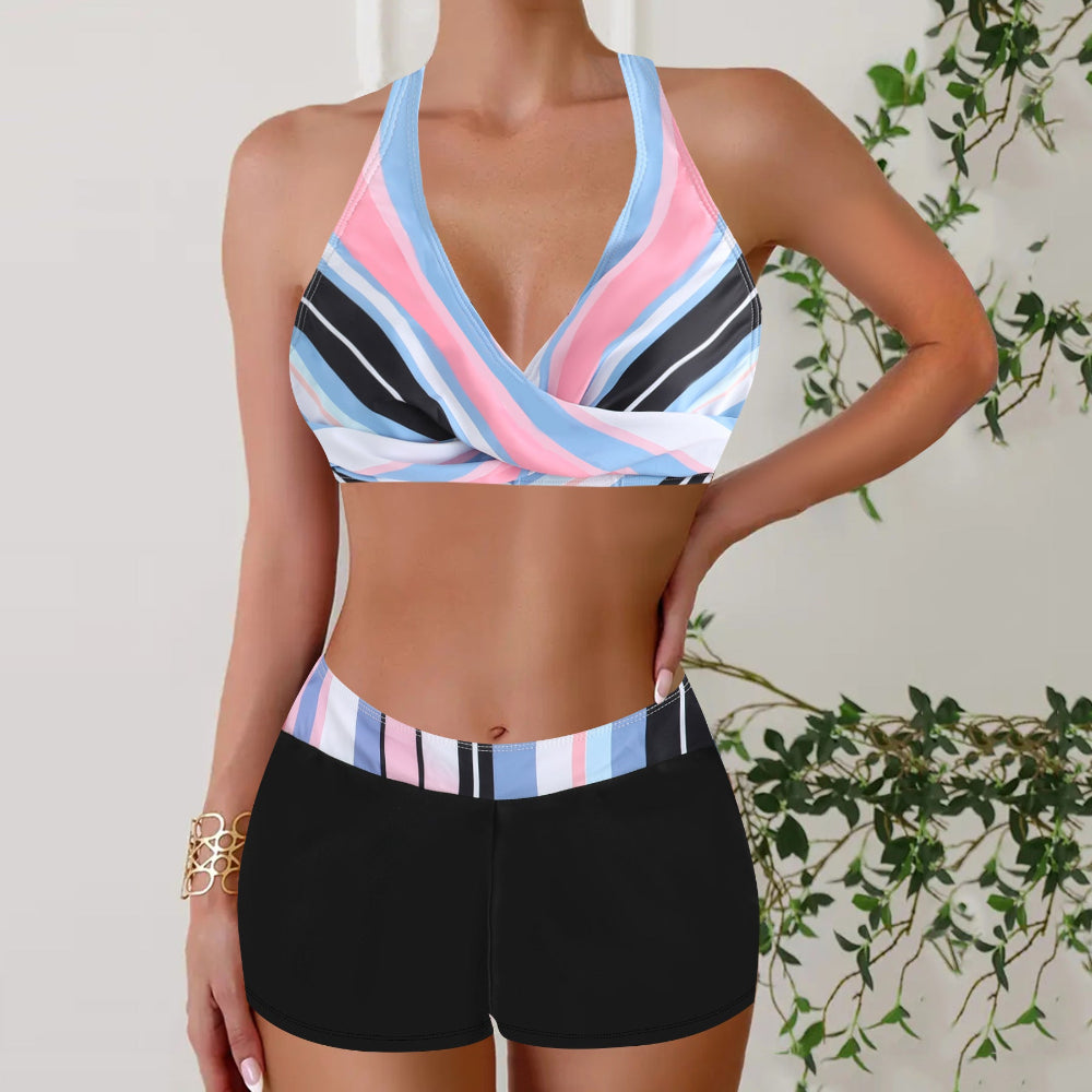 High-Waisted Bikini Shorts Set – Cross-Front Halter Top & Sporty Fit