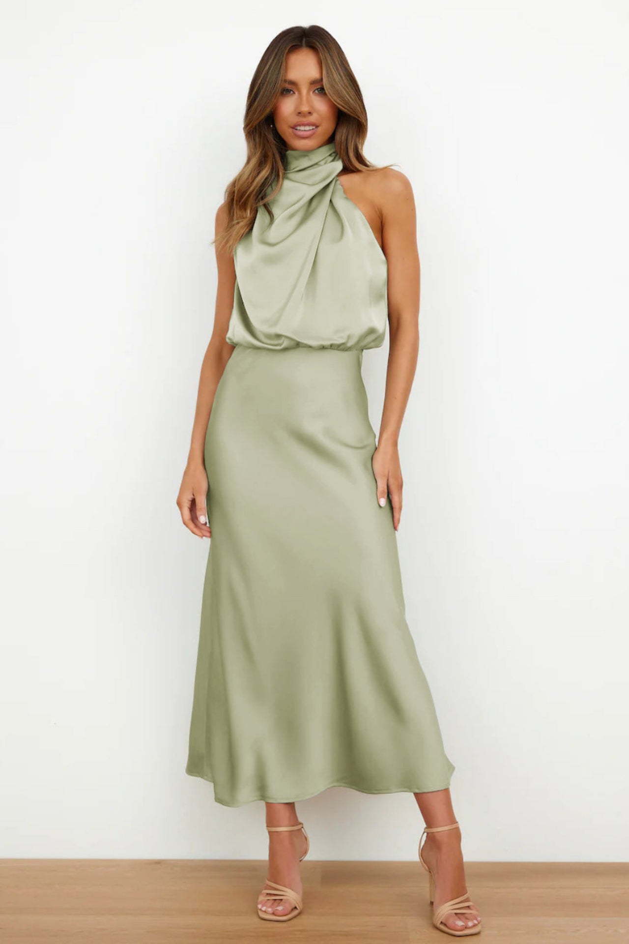 Satin Cowl Neck Midi Dress – Elegant Slip Style for Evening & Events
