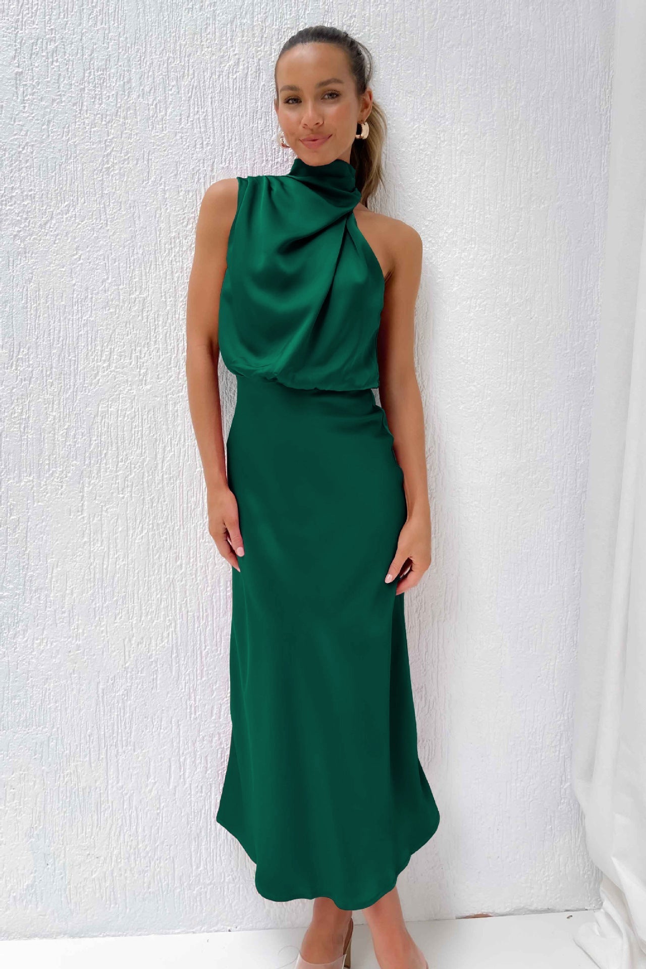 Satin Cowl Neck Midi Dress – Elegant Slip Style for Evening & Events