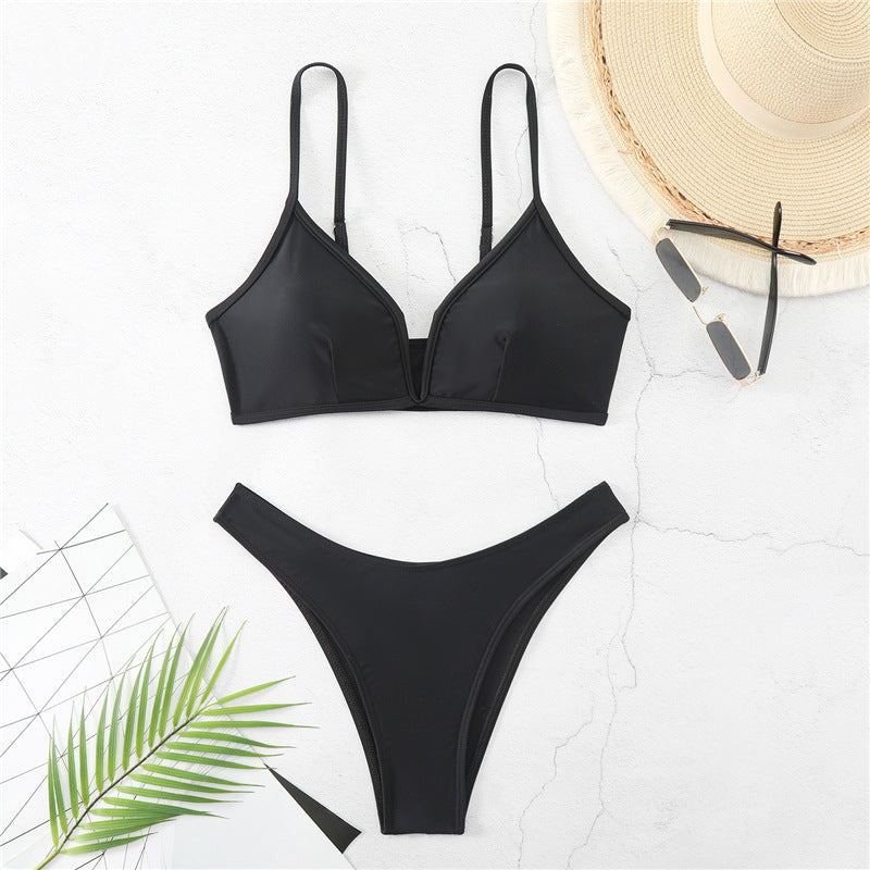 Minimalist V-Waist Bikini Set – Solid Colour with Push-Up Top